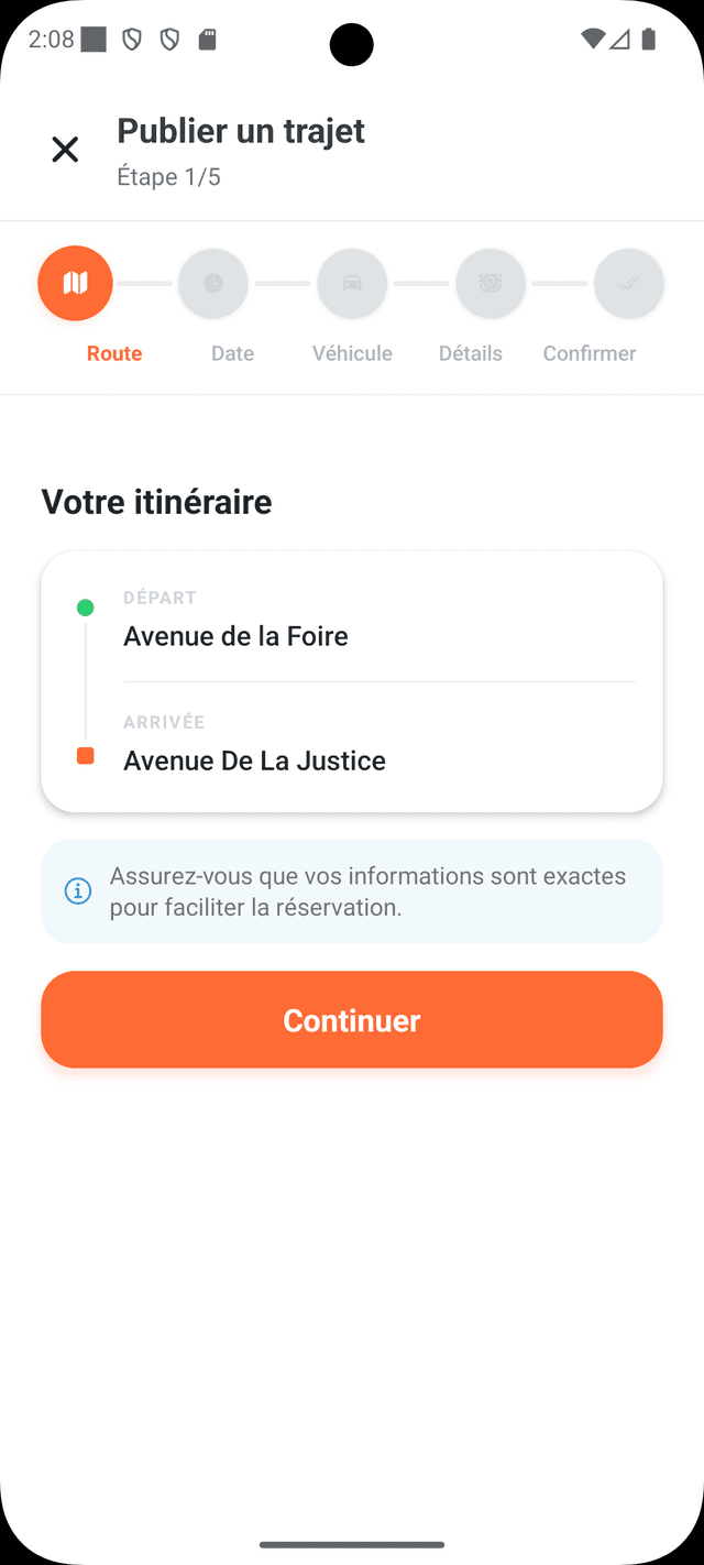Publier un trajet etape route