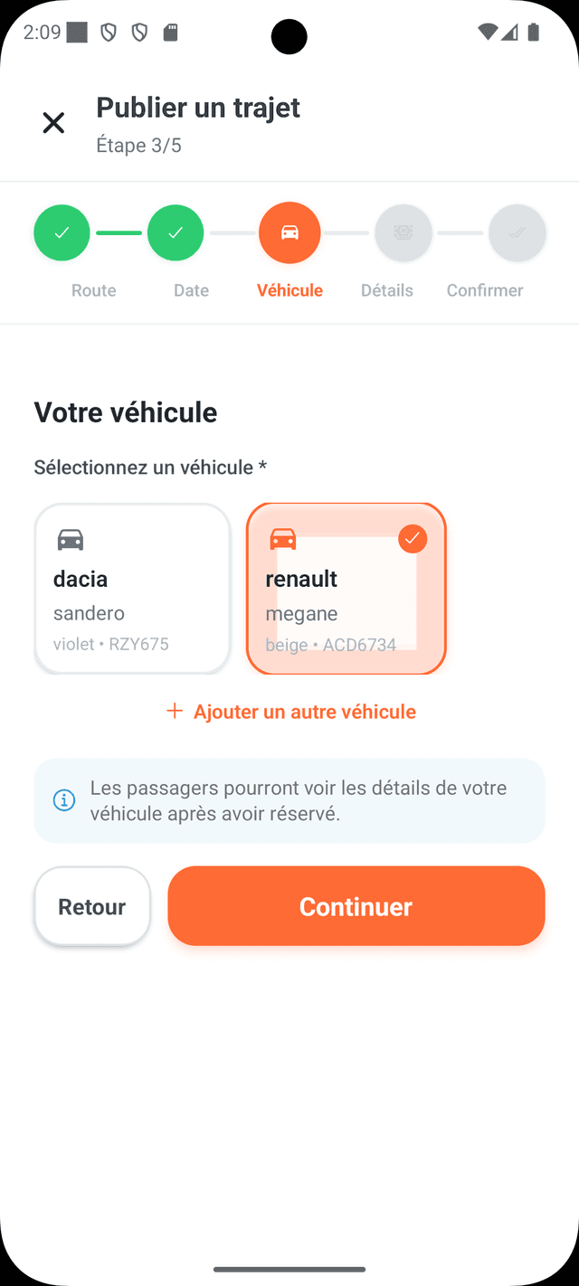 Publier un trajet etape vehicule