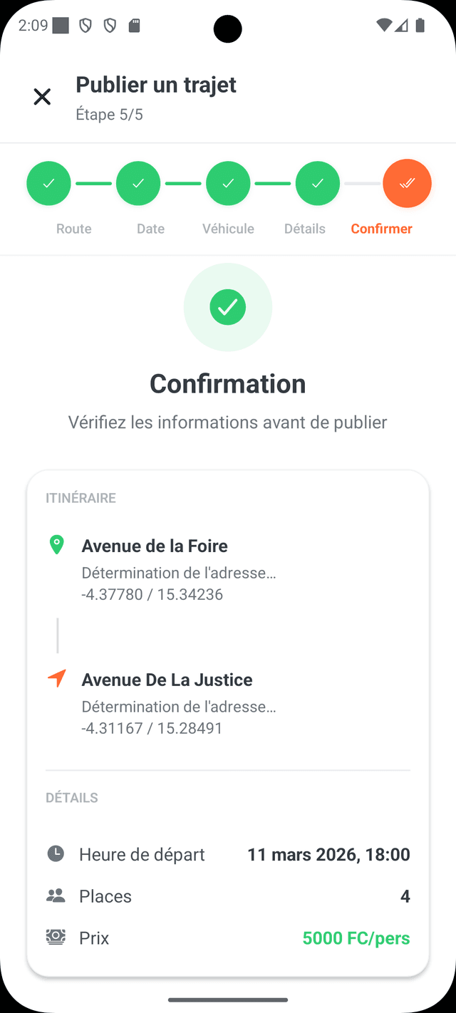Publier un trajet etape confirmation
