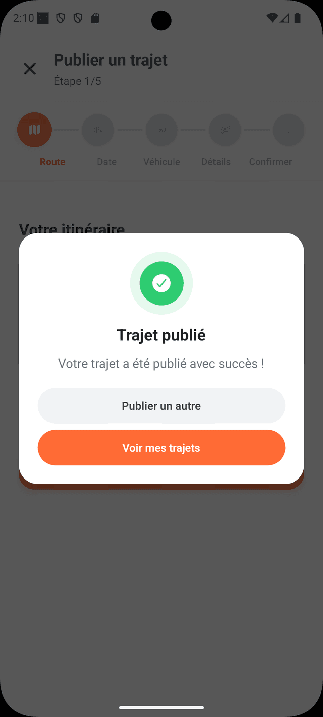 Trajet publie avec succes