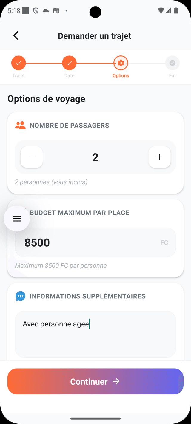 Demander un trajet etape options