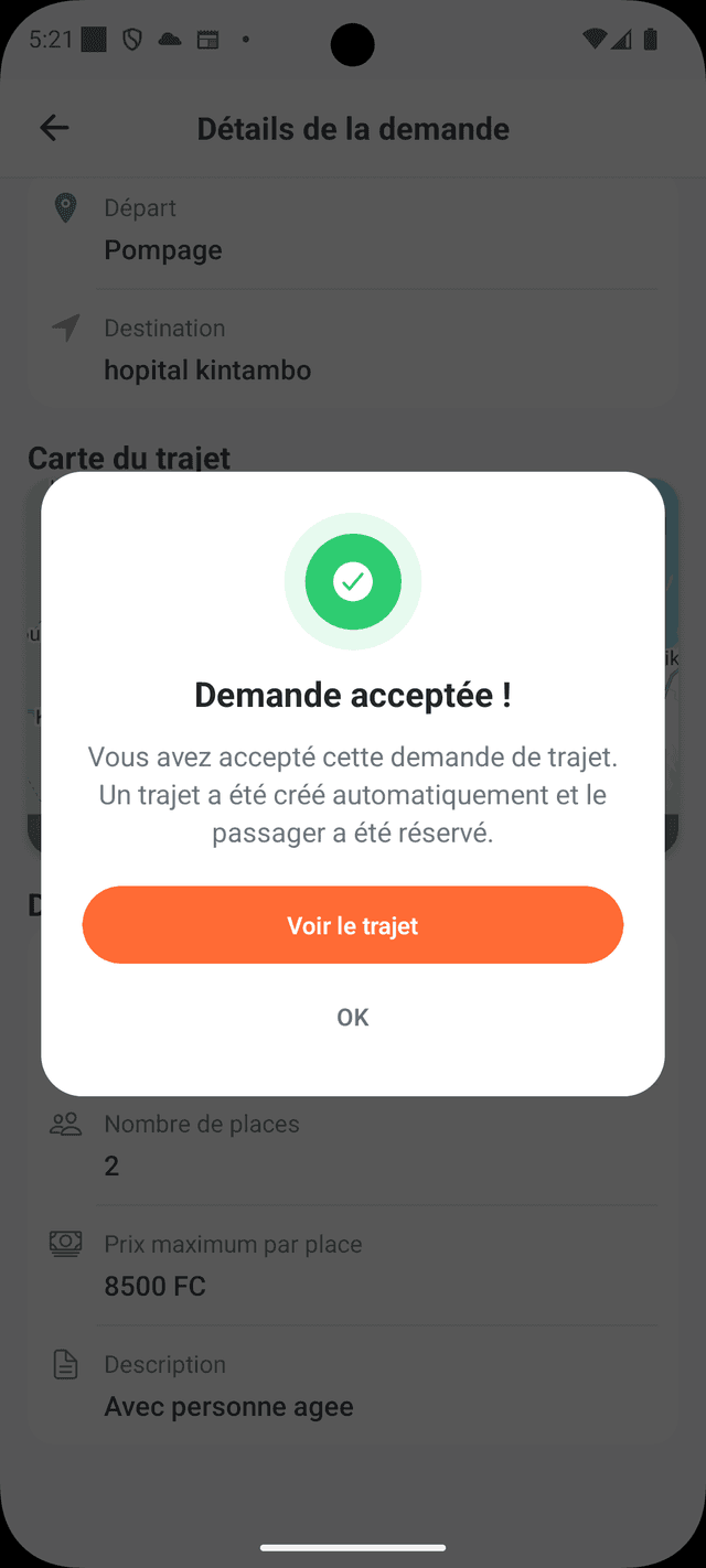 Demande acceptee avec creation automatique du trajet
